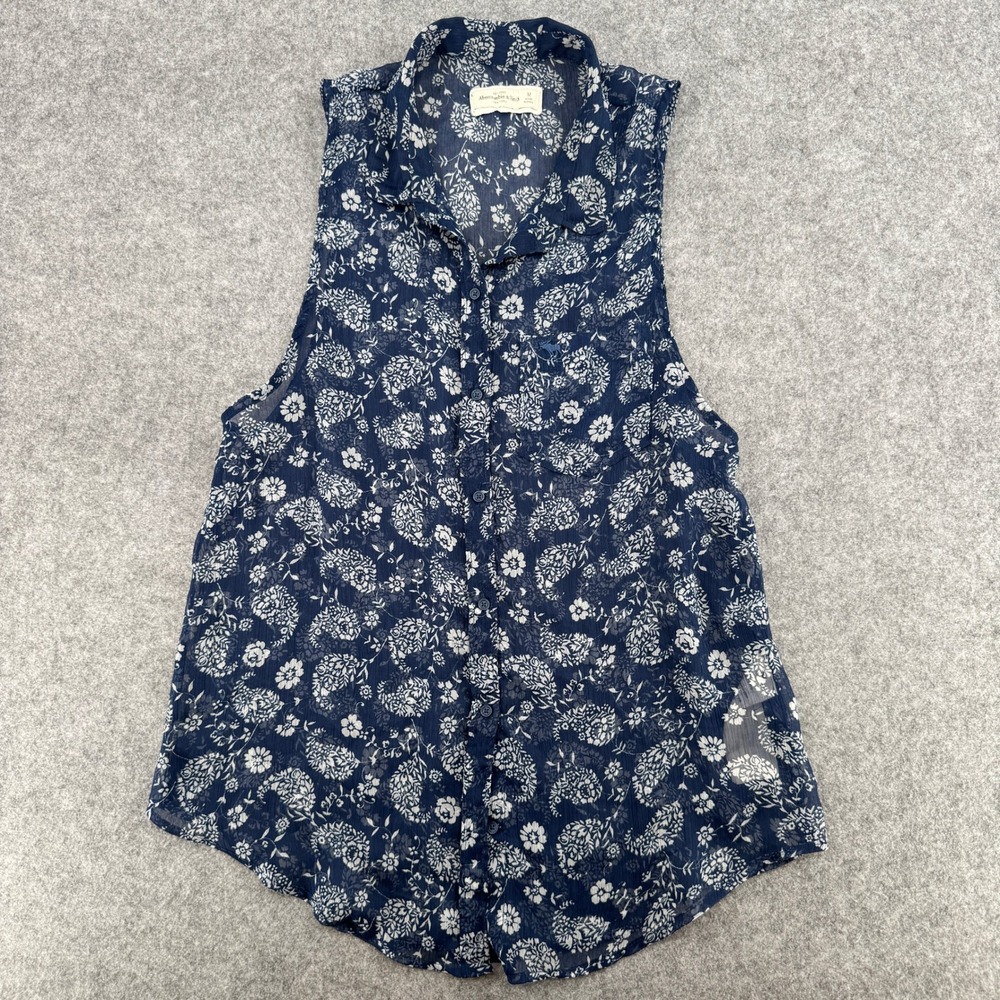 Y2K Abercrombie & Fitch Sleeveless Top Womens M 1Z3399 Navy Floral Button Down